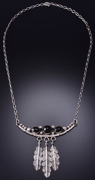 Vintage 20" Silver & Onyx Eagle Feathers Navajo Necklace by RL 6H31Z