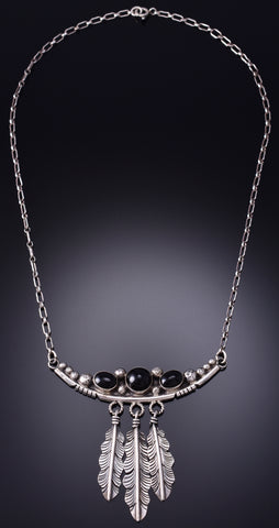 Vintage 20" Silver & Onyx Eagle Feathers Navajo Necklace by RL 6H31Z
