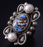 Size 8 Silver & Golden Hills Turquoise Fresh Pearl Navajo Ring Erick Begay 5H03K