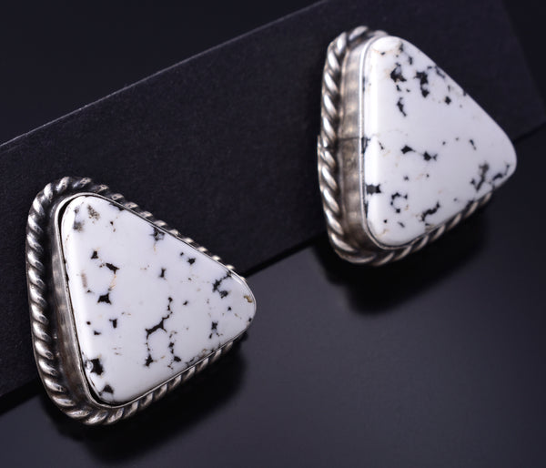 Silver & White Buffalo Turquoise Navajo Triangular Post Earrings C. Belone 6B14D