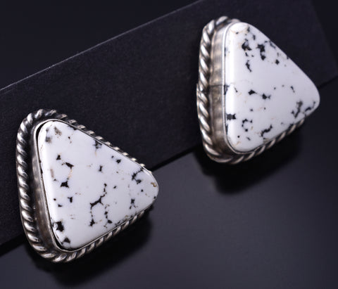 Silver & White Buffalo Turquoise Navajo Triangular Post Earrings C. Belone 6B14D