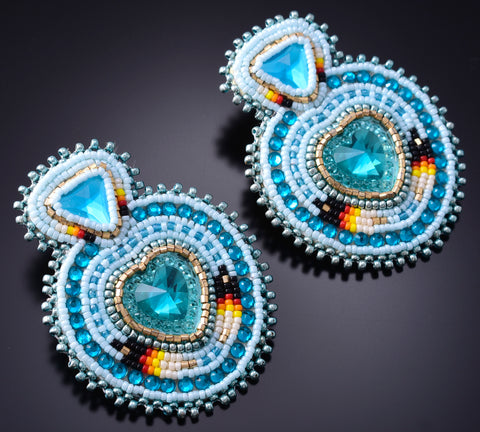 Navajo Handmade Glass Beaded Heart Shield Earrings by Mary Lee 6D22M