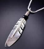 Medium Silver Feather with Black Onyx Bead Pendant by Ray Tracey - 6J32G