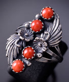 Size 7 - Four Coral Silver Feather Ring - Traditional Navajo 6J30J