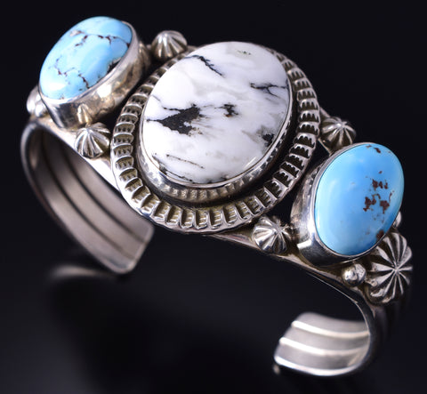 Silver & Golden Hills Turquoise White Buffalo Navajo Bracelet Erick Begay 5F30M