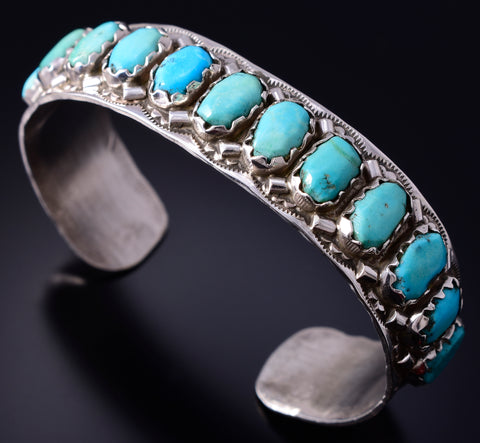 Vintage Silver & Turquoise Row Navajo Bracelet by Yazzie 5H25B