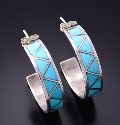 Silver & Turquoise Zuni Inlay Hoop Earrings by JP Ukestine 3B10Z