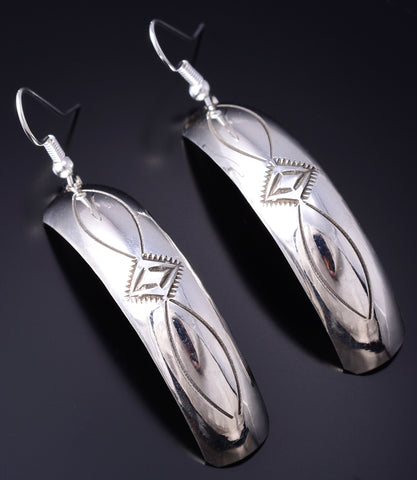 Silver Navajo Handstamped Concho Design Curved Earrings by Nova Ashley 6B14L