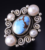 Size 8 Silver & Golden Hills Turquoise Fresh Pearl Navajo Ring Erick Begay 5F30J