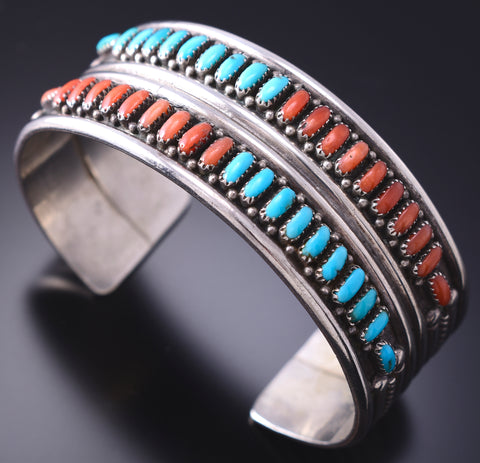 Vintage Silver & Turquoise w/ Coral Petit Point Bracelet 6E14Q