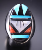 Size 10-1/2 Silver Multistone Zuni Inlay Men's Ring by Gladys Lamy 6D27L