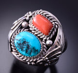 Size 11-3/4 Silver & Turquoise w/ Coral Navajo Ring by Leonard Spencer 4A12V