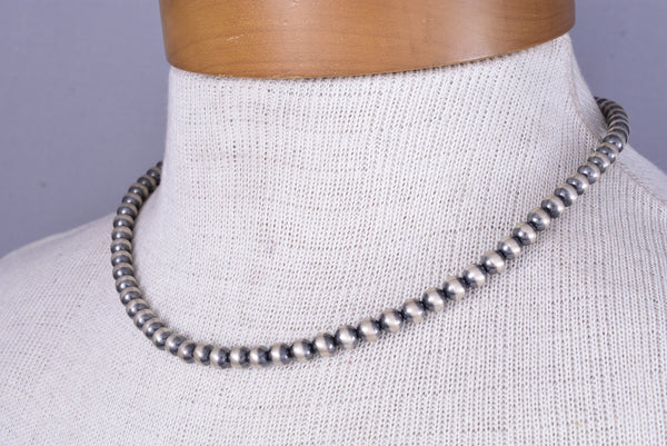Navajo Hand-strung Silver Pearls Bead Necklace 6mm - 16 inches - 6J31T