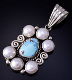 Silver & Golden Hills Turquoise Fresh Pearl Navajo Pendant by Erick Begay 5F30W