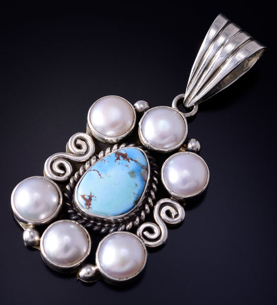Silver & Golden Hills Turquoise Fresh Pearl Navajo Pendant by Erick Begay 5F30W