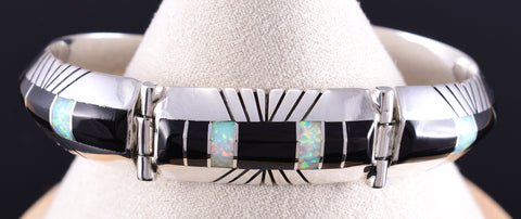 Vintage Silver & Jet Multistone Navajo Inlay Link Bracelet by Chester Benally 5L17B