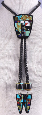 Onyx Multistone Santo Domingo Pueblo (Kewa) Mosaic Bolo Tie by Chris Nieto 5J29R