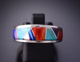 Size 7-3/4 Silver & Turquoise Multistone Navajo Inlay Ring by TSF 3L16K