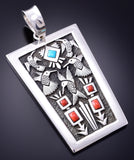 Turquoise & Coral Glorious Hummingbirds Navajo Pendant by Philbert Begay 3J30H