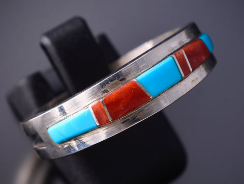 Size 11 Navajo Silver Men's Ring With Turquoise and Coral by Wilbert Muskett 6K27P