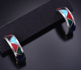 Silver & Turquoise Multistone Navajo Inlay Half Hoops by Roger Morgan 6D27W