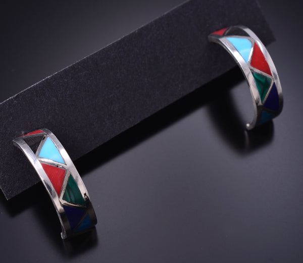 Silver & Turquoise Multistone Navajo Inlay Half Hoops by Roger Morgan 6D27W