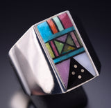 Size 11-1/2 Silver & Turquoise Multistone Navajo Inlay Mens Ring Jimmy Harrison 6F22Q