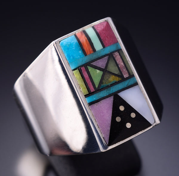 Size 11-1/2 Silver & Turquoise Multistone Navajo Inlay Mens Ring Jimmy Harrison 6F22Q