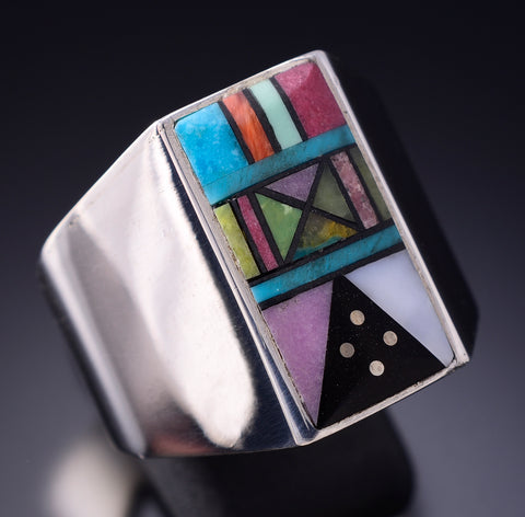 Size 11-1/2 Silver & Turquoise Multistone Navajo Inlay Mens Ring Jimmy Harrison 6F22Q