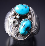 Size 9-3/4 Vintage Silver & Turquoise Eagle Feather Side Navajo Ring by JK 6A03Q