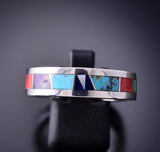 Size 12 Silver & Turquoise Multitone Navajo Inlay Men's Band Ring by TSF 3L07Q