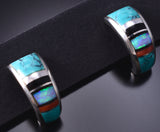 Inlay turquoise half-Hoop Earrings By Navajo Julius Burbank - 6K02E