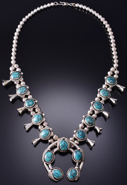 Petite Vintage Silver & Turquoise Navajo Squash Blossom Necklace 6H31R