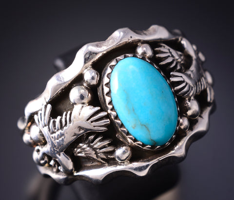 Size 14 Silver & Kingman Turquoise Eagles Men's Ring Genevieve Francisco 5L13Z