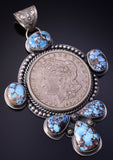 Silver & Golden Hills Turquoise Morgan Silver Dollar Coin Pendant by Nelson Nez 5J18N