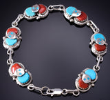 Silver & Turquoise w/ Coral Zuni Snake Link Bracelet Effie C. 6D27F