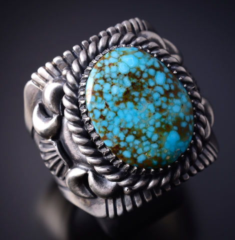 Size 14-3/4 Silver & Kingman Turquoise Men's Navajo Ring by Derrick Gordon 5H21F