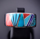 Size 10 Silver & Turquoise Multistone Navajo Inlay Men's Ring by TSF 3L07N