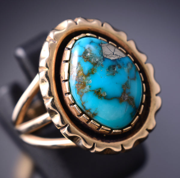 Size 8 Vintage 14k Gold & Turquoise Navajo Handmade Ring by Harvey Mace 6F09H