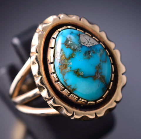 Size 8 Vintage 14k Gold & Turquoise Navajo Handmade Ring by Harvey Mace 6F09H