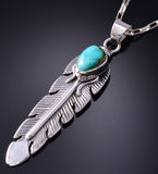 Silver & Turquoise Navajo Handmade Eagle Feather Pendant - June Delagarito 5L13A