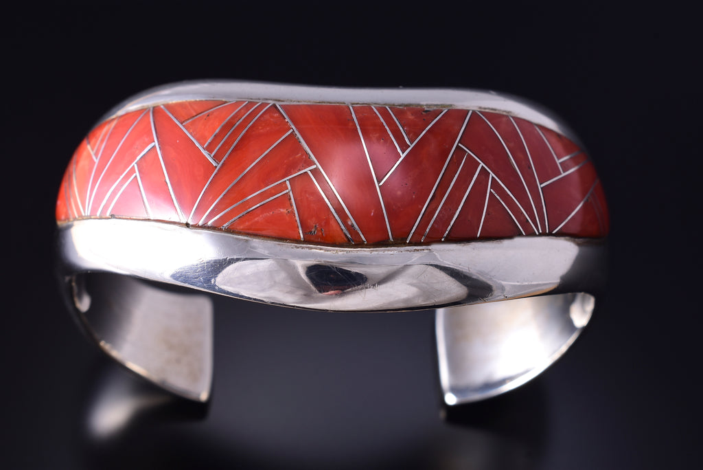 Vintage Silver & Mediterranean Coral Navajo Inlay Bracelet