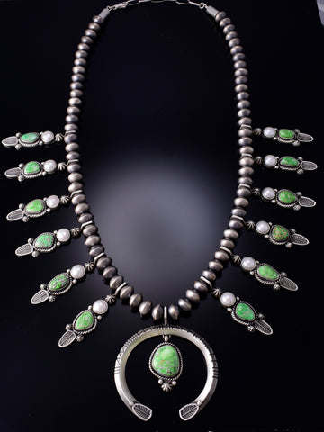 Carico Lake Turquoise and Freshwater Pearls Squash Blossom Necklace by Erick Begay 6H17L