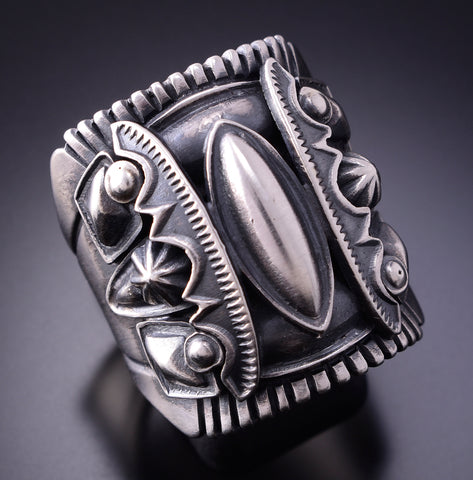 Size 10-3/4 Silver Navajo Handmade Stamped Ring by Derrick Gordon 4A04R