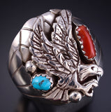 Size 11.5 Silver & Turquoise Coral Eagle Navajo Men's Ring by Grace Smith 5L05N