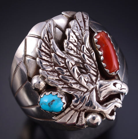 Size 11.5 Silver & Turquoise Coral Eagle Navajo Men's Ring by Grace Smith 5L05N