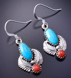 Silver & Turquoise & Coral Feathers Navajo Earrings by Emery Spencer 3J16P
