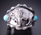 Size 11-1/2 Silver & Turquoise Navajo Handmade Buffalo Roam Men's Ring RB 6D27K