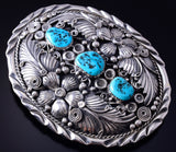 Vintage Silver & Turquoise Navajo Eagle Feathers Buckle by L. Hildreth 5F10A