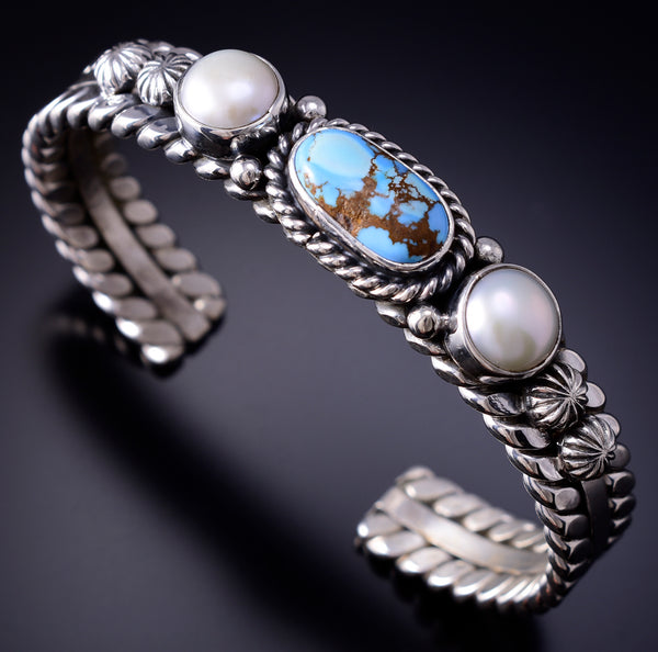 Silver & Golden Hills Turquoise Fresh Pearl Navajo Bracelet by Erick Begay 6F28O